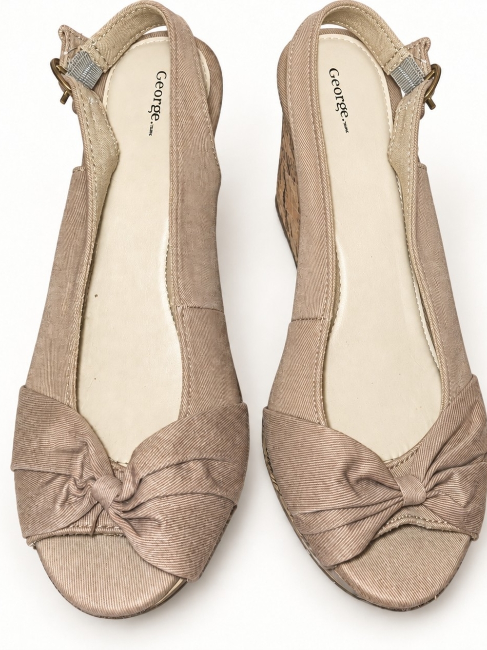 George Beige Knotted Open-Toe Slingback Wedge Sandals